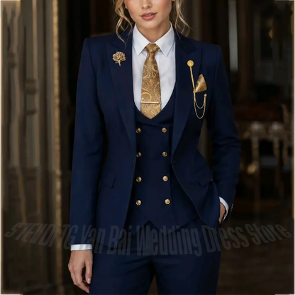 High End Navy Blue Women 3 Piece Suit Single Breasted Blazer Vest Pants Outfit Peak Lapel Daily Commute Formal Matching Set