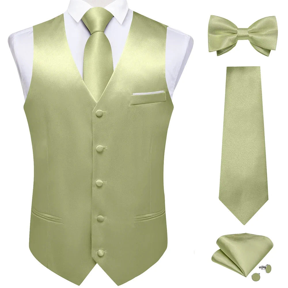 Men's Satin Suit Vest Set with Necktie Bow Tie Handkerchief and Cufflinks for Wedding and Formal Occasions