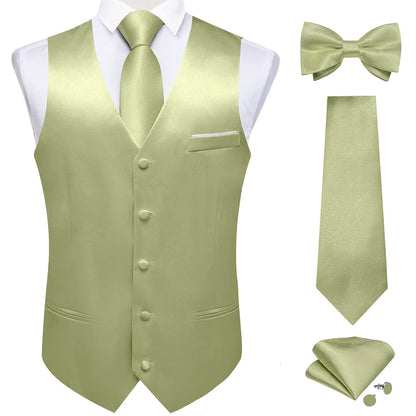 Men's Satin Suit Vest Set with Necktie Bow Tie Handkerchief and Cufflinks for Wedding and Formal Occasions