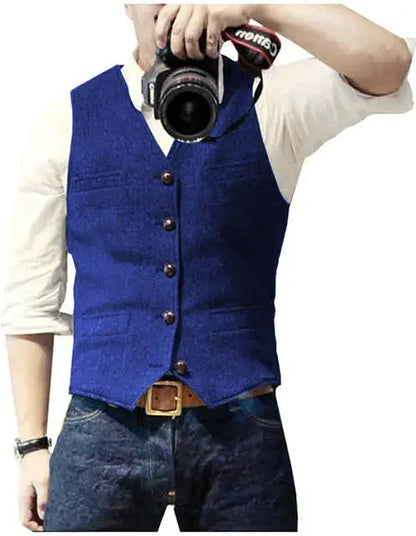 Men's Waistcoat Herringbone Wool Blend V-Neck Single Breasted Vest for Weddings and Smart Casual