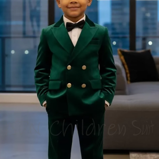 High Quality Customized Kids Clothes Boys Suit Velvet Elegant Double Breasted Blazer Set Boys Costume 2 Piece Jacket Pants