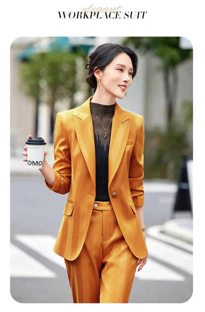Women Blazer Pants Sets Yellow Two Pieces 2024 Autumn Workwear Trousers Formal Striped Navy Blue Long Sleeve Tops Pantsuit