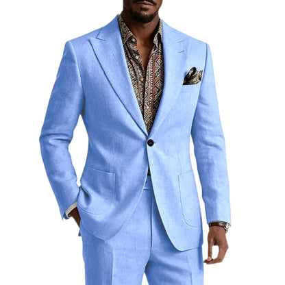 Men's Linen Blend Suit 2 Pieces Set Solid Color Peak Lapel Slim Fit One Button Jacket Pants Formal Outfit Wedding Business Casua