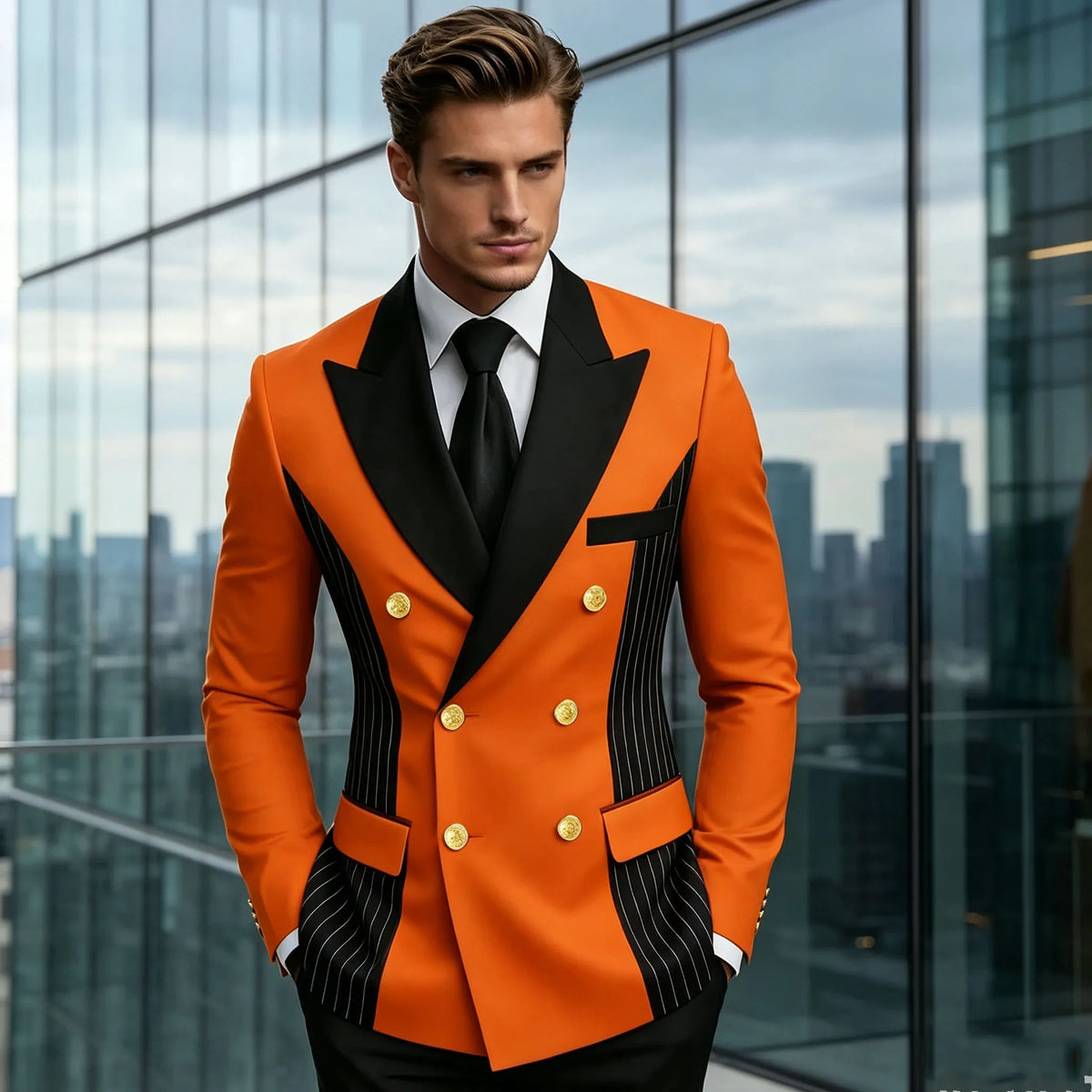 Men's Double Breasted Blazer Striped Patchwork Peak Lapel Slim Fit Formal Wedding Suit Jacket