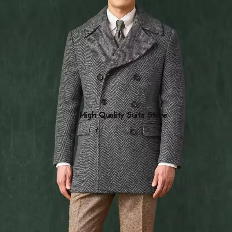 Men's Herringbone Tweed Overcoat Double-Breasted Wide Lapel Wool Blend Formal & Wedding Coat