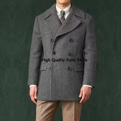 Men's Herringbone Tweed Overcoat Double-Breasted Wide Lapel Wool Blend Formal & Wedding Coat