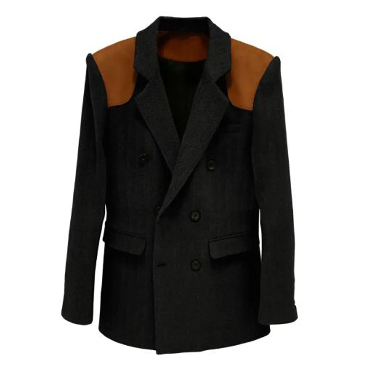 Men's Vintage Herringbone Blazer Contrast Shoulder Patches Double Breasted Wool Blend Suit Jacket Slim Fit Casual Business Coat