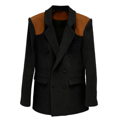 Men's Vintage Herringbone Blazer Contrast Shoulder Patches Double Breasted Wool Blend Suit Jacket Slim Fit Casual Business Coat