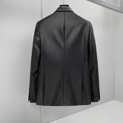 Brand Spring  Autumn Men's Double Breasted Leather Suit Jacket Casual Business Leather Blazers Wedding Groom Social Banquet Coat