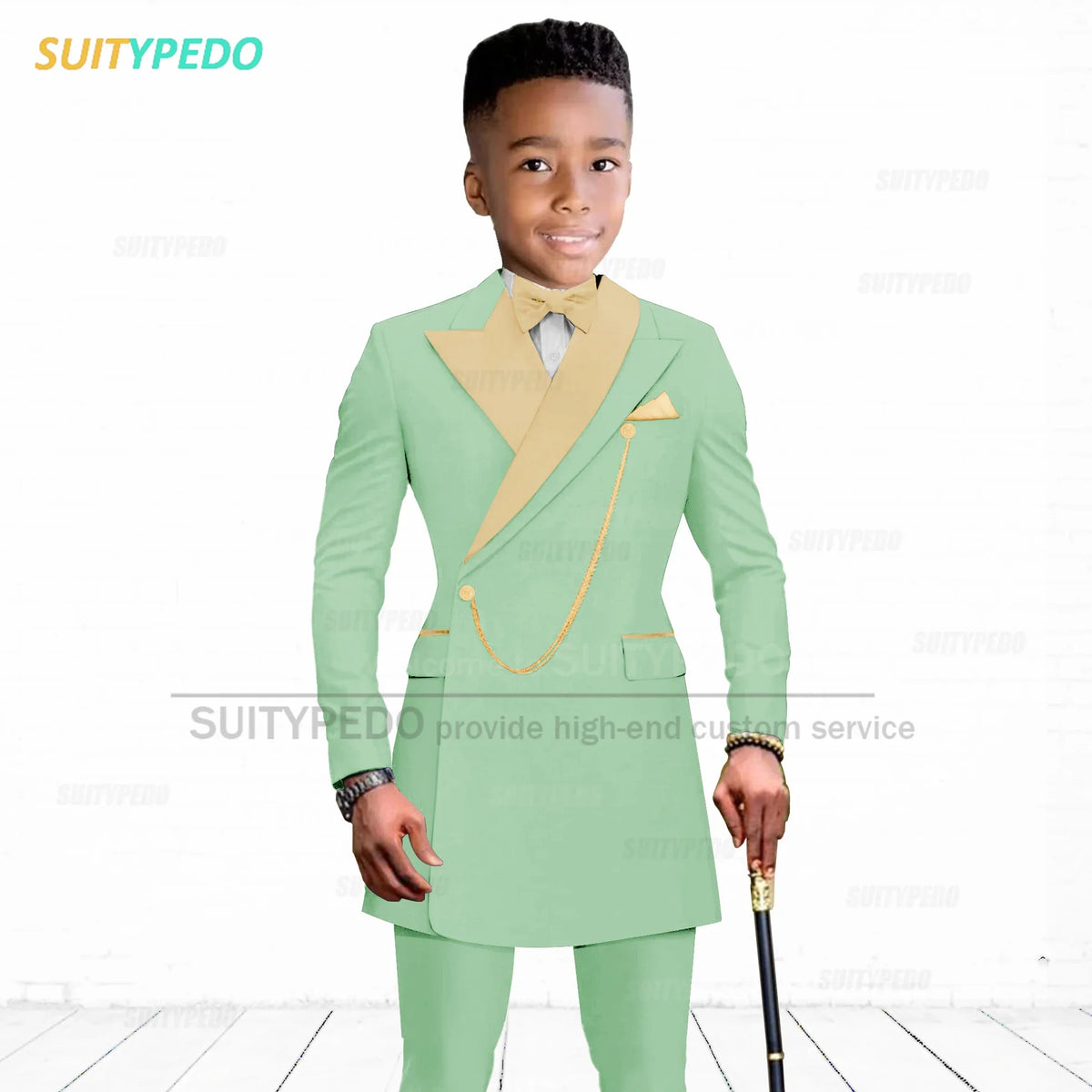 Brief Kids Suit Set  Formal Evening Prom Boys Stylish Gold Lapel Blazer And Pants Two Pieces Children Baptism Formal Costumes