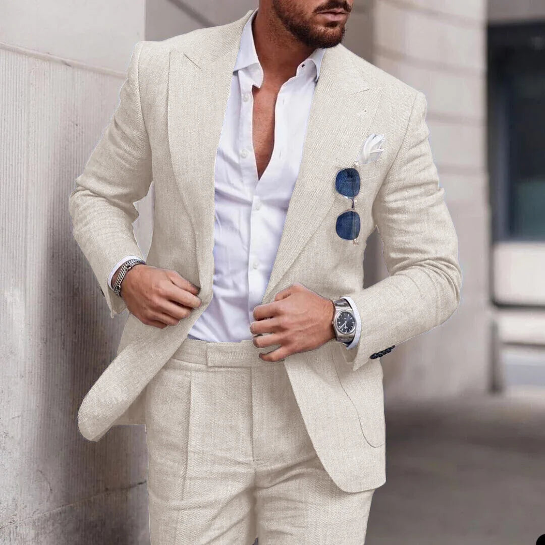 Men's 2-Piece Linen Suit – Slim Fit Notch Lapel Blazer & Trousers for Wedding, Business & Formal Occasions