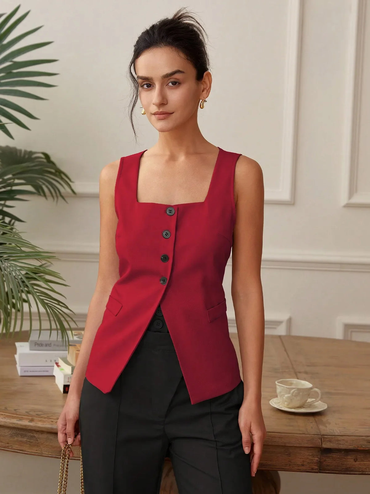 Summer temperament commuter vest vest solid color waistband square collar wide shoulder waistcoat