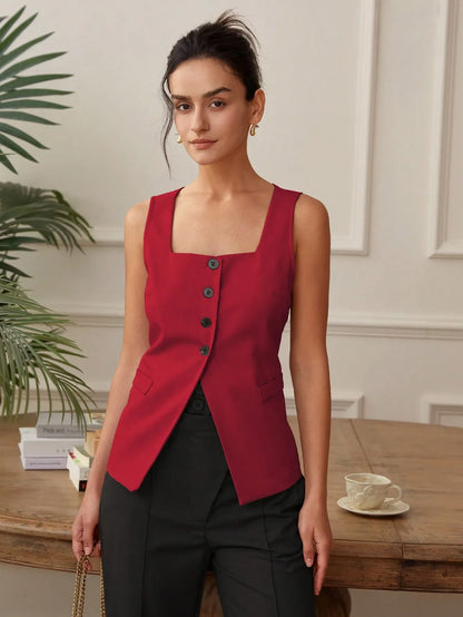 Summer temperament commuter vest vest solid color waistband square collar wide shoulder waistcoat