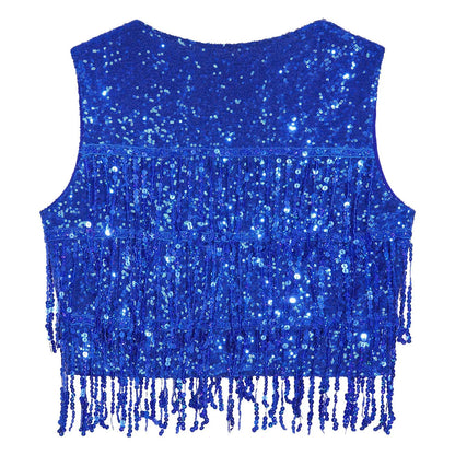 Fashion Sequins Vests Women's Tassel Sleeveless Waistcoat Jazz Dance Costume Shiny Vest 80s Disco Music Festival Party Clubwear
