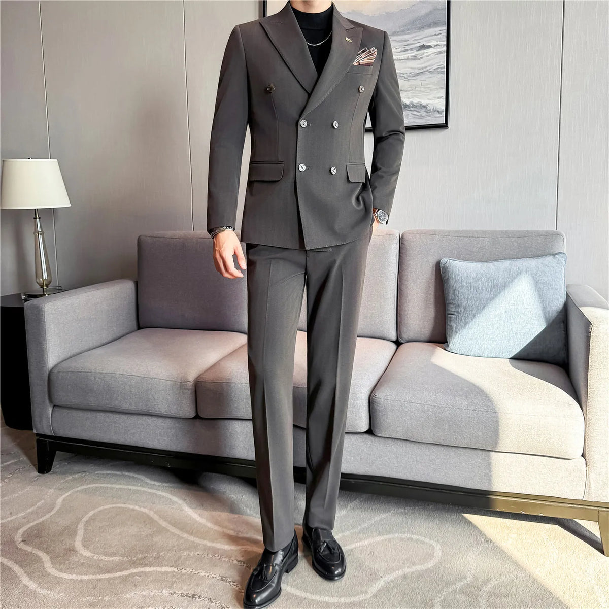 (Jackets+Pant) High Quality Dark Striped Double Breasted Suit Luxury Men Fashion Elegant Tuxedo Formal Groom Wedding Social Suit