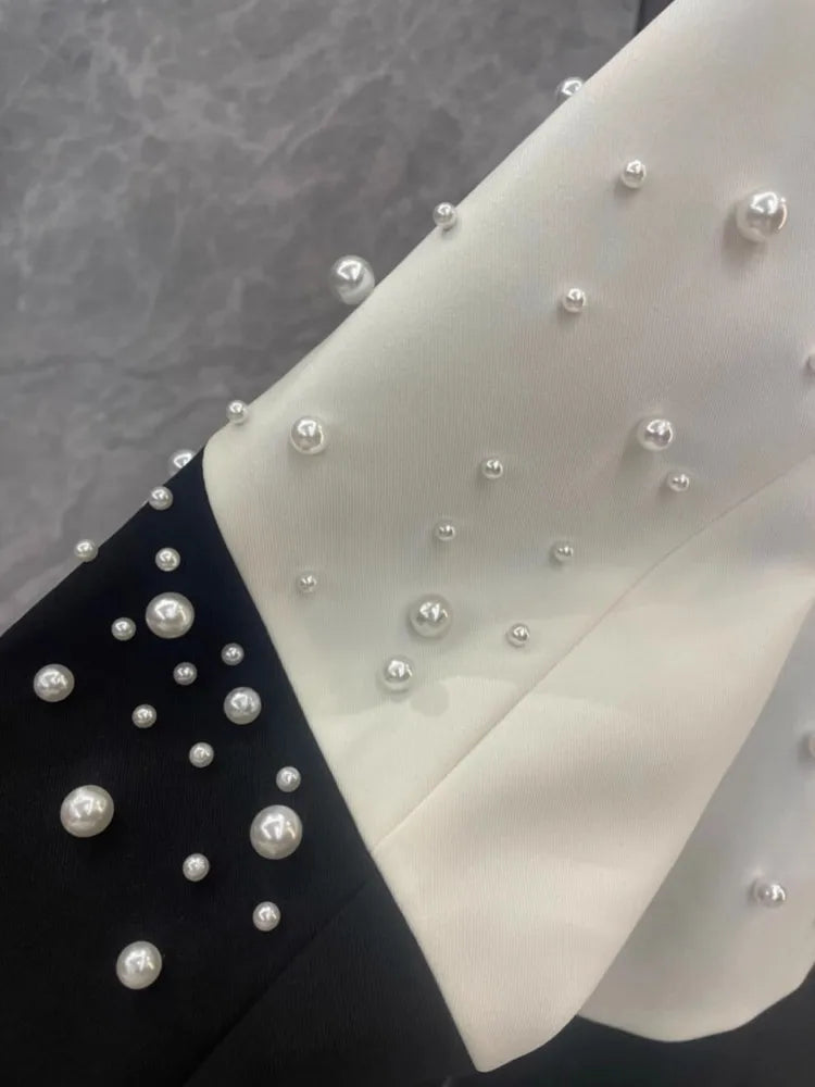 Elegant Women Autumn New Pearls Beading Mid Long Blazer Jacket Mixed Colors Loose Fit Office Ladies Suit Coat Party Outerwear