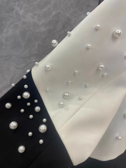 Elegant Women Autumn New Pearls Beading Mid Long Blazer Jacket Mixed Colors Loose Fit Office Ladies Suit Coat Party Outerwear