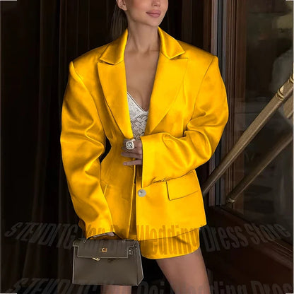 Hot Sale Women Two Piece Satin Suit Blazer Shorts Slim Peak Lapel Formal Office Outfit Fashion Party Wedding Streetwear Costume