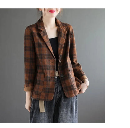Fashion Chic Cotton Plaid Blazer Female Spring and Autumn New Literary Retro Elegant Commuter Small Incense Wind Jacket Women