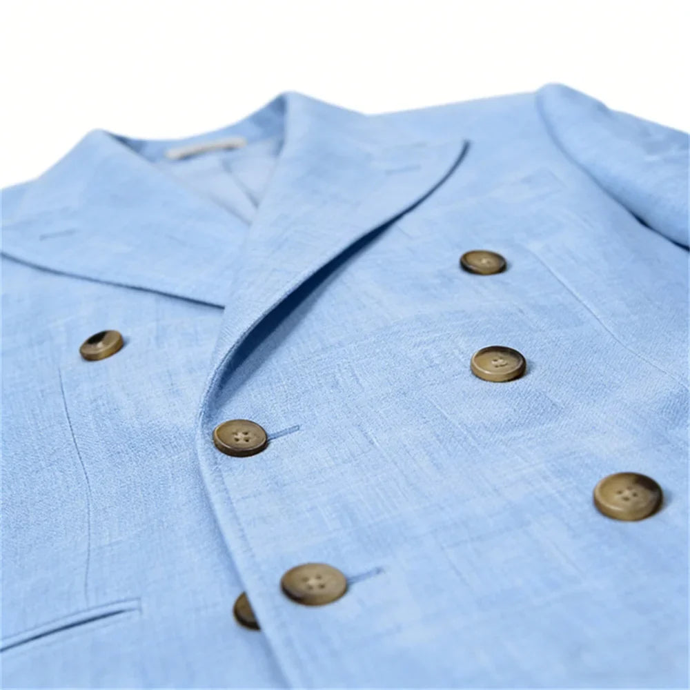 Men Linen Blazer Double Breasted Jacket Lightweight Soft Slim Coat For Business Wedding Casual Daily Party Vacation Dating