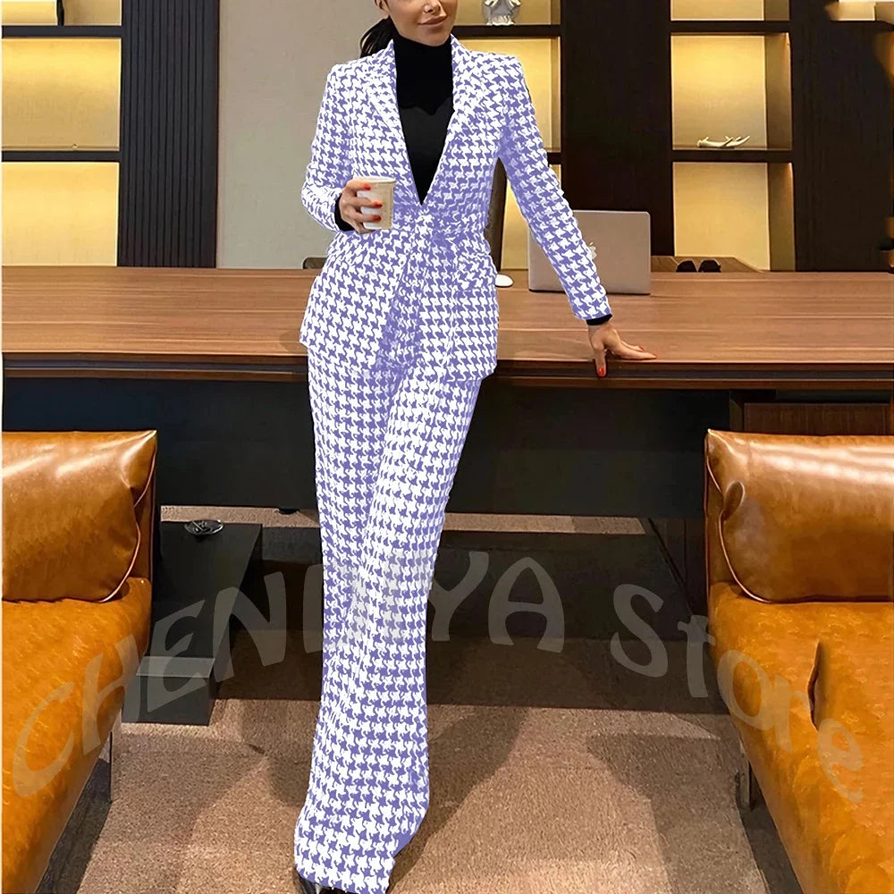 New Houndstooth Suit Two Pieces Regular Fitted Straight Peaked Lapel Fashion Jacket with Blazer Elegant Lady Sets Customized