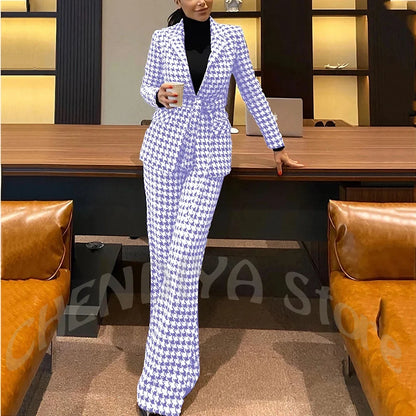 New Houndstooth Suit Two Pieces Regular Fitted Straight Peaked Lapel Fashion Jacket with Blazer Elegant Lady Sets Customized