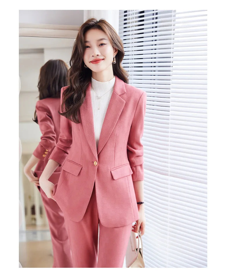 Pink Blue Black Women Pant Suit High Quality 2 Piece Set Office Ladies OL Girl Formal Jacket Blazer And Trousers For Work Wear