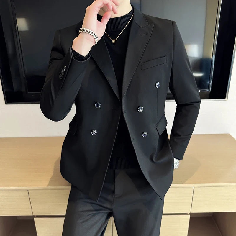 Autumn High-quality Double Breasted Slim Fit Suit Jacket Men Versatile Casual Business Blazer Wedding Social Banquet Formal Coat