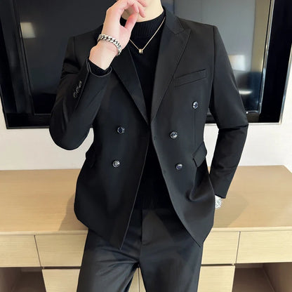 Autumn High-quality Double Breasted Slim Fit Suit Jacket Men Versatile Casual Business Blazer Wedding Social Banquet Formal Coat