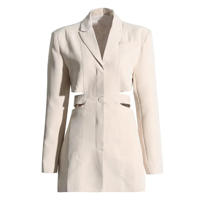Women's Blazer Elegant Stylish Hollow Out Expose Waist Design Solid Color Patchwork Long-sleeved Slim Fit Suit-Coat HK28002