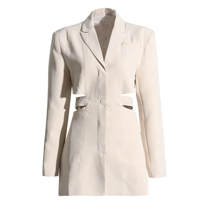 Women's Blazer Elegant Stylish Hollow Out Expose Waist Design Solid Color Patchwork Long-sleeved Slim Fit Suit-Coat HK28002