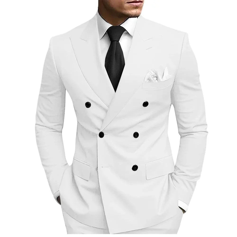 Classic Solid Suit Set 2 Pieces Jacket Pants For Men Wedding Groom Sets Double Breasted Men's Suits Banquet Tuxedo Wear XS-5XL