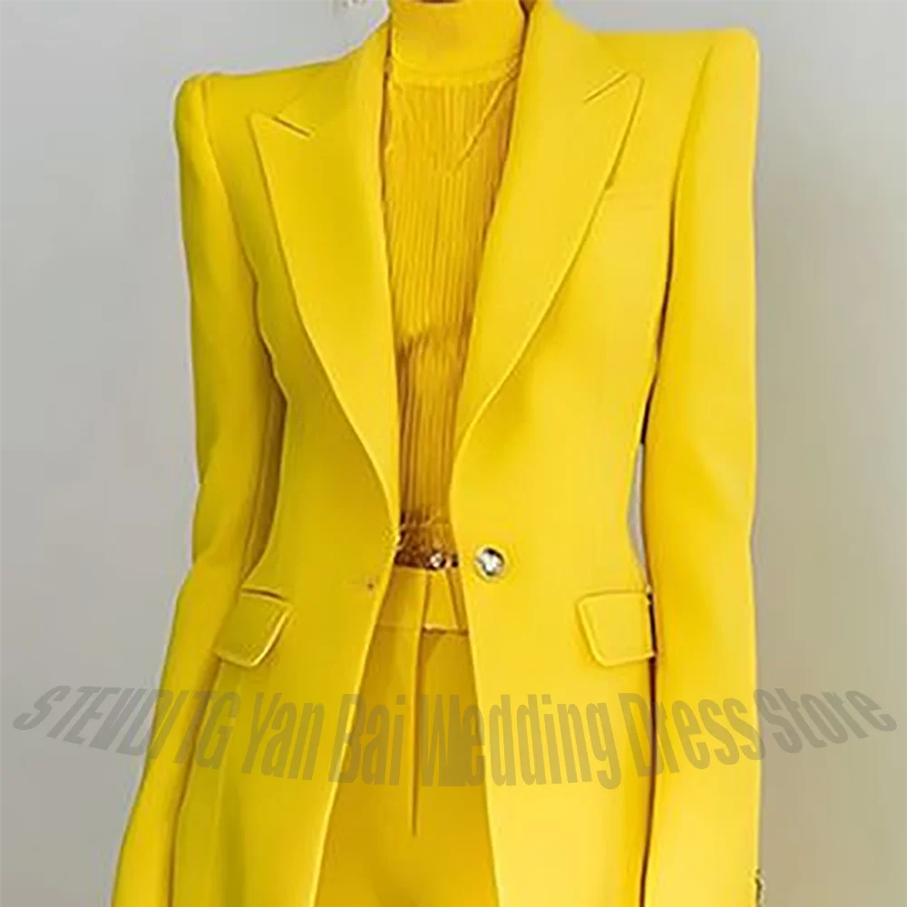 Women Pant Suit 2 Piece Set Office Female Business Work Formal Jacket Trouser One Button Chic Yellow Peaked Lapel Elegant Suit