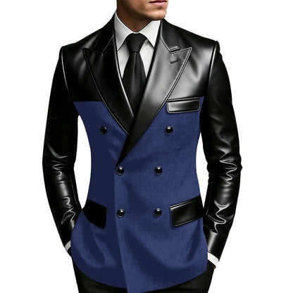 Men's Double Breasted Suit Blazer with Leather Patchwork for Weddings and Formal Events