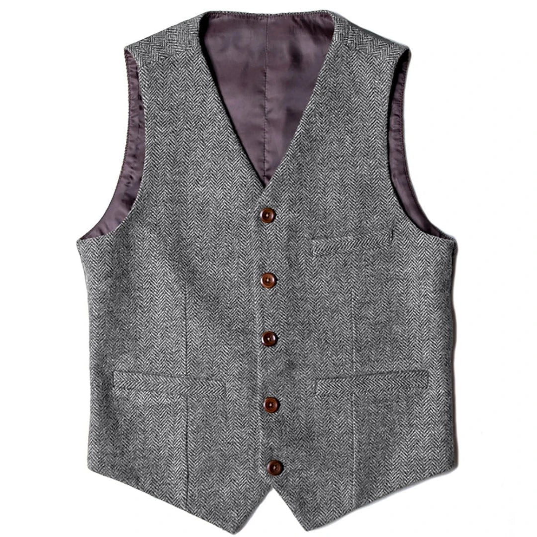 Men's Herringbone Vest Single Button V-Neck Waistcoat for Wedding & Business