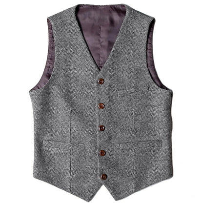 Men's Herringbone Vest Single Button V-Neck Waistcoat for Wedding & Business