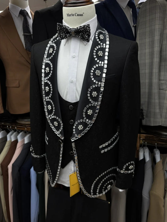 Exquisite Silver Beaded Men's Suit Wear Wedding Groom Sets Popular Dazzling Shawl Lapel 3 Pieces Dancing Suit Set For Men