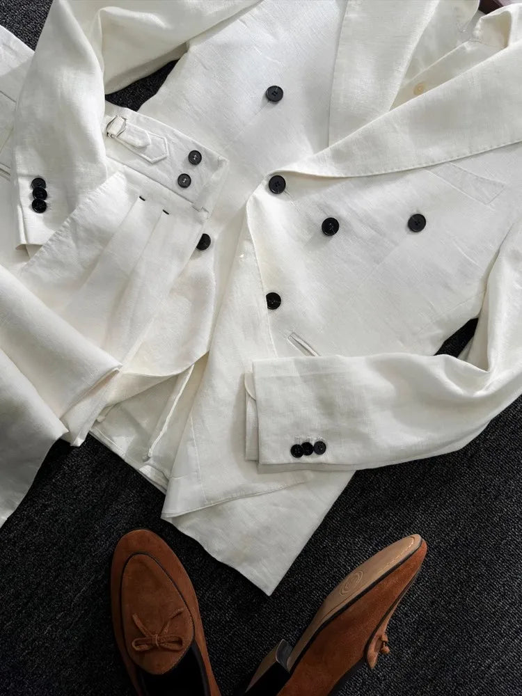 Men's Double-Breasted Linen Suit – Slim Fit Blazer & Pants Set for Wedding & Business