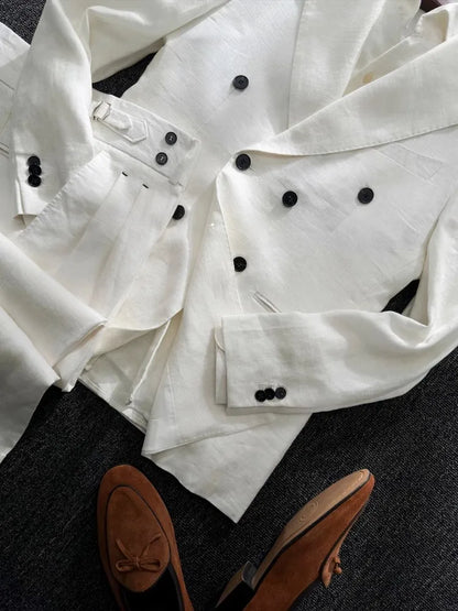 Men's Double-Breasted Linen Suit – Slim Fit Blazer & Pants Set for Wedding & Business
