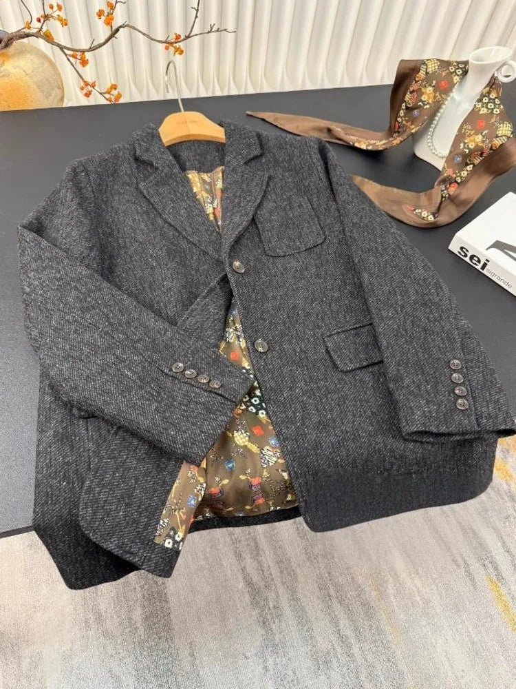 Autumn Office Ladies Work Mid Long Loose Fit Woolen Blazer Jacket Single Breasted Women Vintage Business Casual Suit Coat Blazer