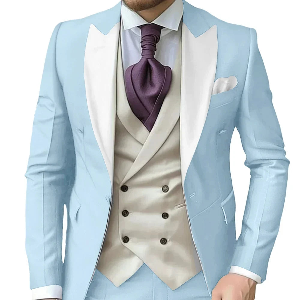 Fashionable Contrast Color Men's Suits 3 Pieces Jacket Vest Pants Dancing Sets Handsome Peak  Lapel Suit Set For Men Party Wear