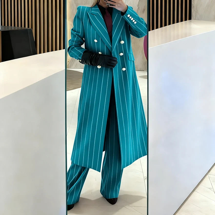 Burgundy Women's Suits Pinstripe Double Breasted Peaked Lapel Long Coat+Pants Set Elegant Formal Office Evening Party Outfit