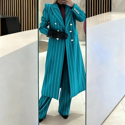 Burgundy Women's Suits Pinstripe Double Breasted Peaked Lapel Long Coat+Pants Set Elegant Formal Office Evening Party Outfit