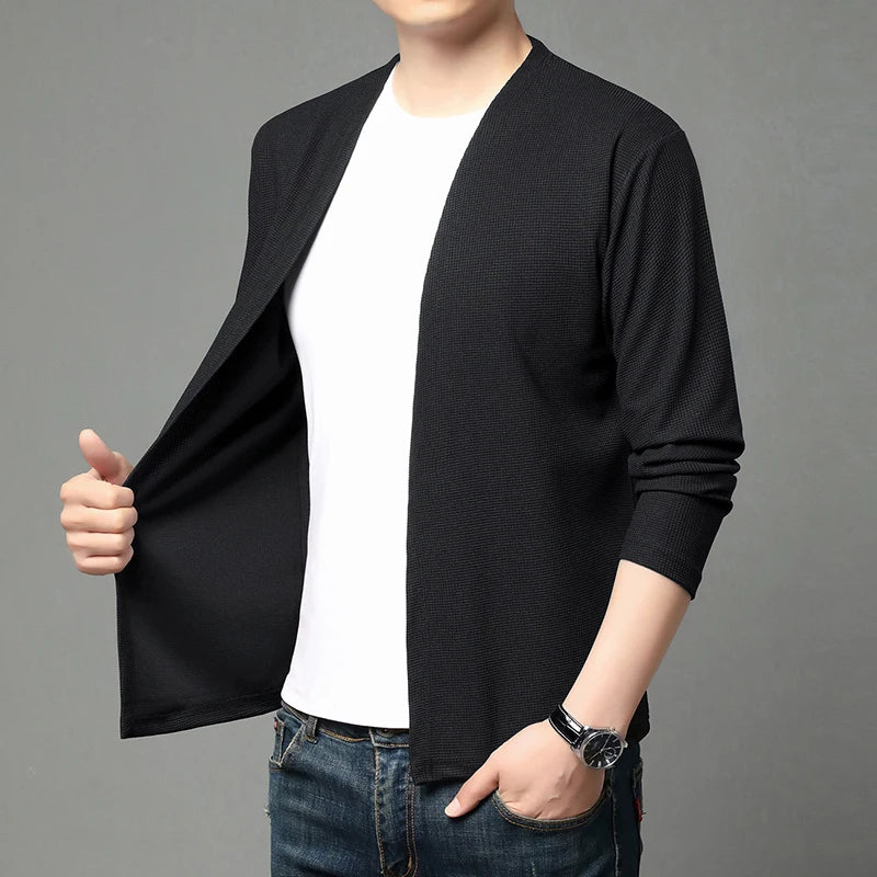 Spring and Summer Solid Color Knitted Cardigan Jacket Sun Protection Clothing Men's Shirt Loose Sleeves Fashionable and Versatil
