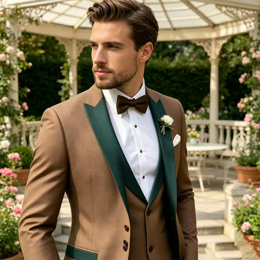 Brown Wedding Men Suits 3 Piece Formal Groom Tuxedos for Prom Party Male Suits Fashion Clothing Set Jacket with Pants Vest