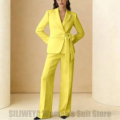 Women's Suit 2 Piece Bow Belt Design Formal Outfit for Wedding Party Prom Office Fashion Peak Lapel Daily Casual Lady Suits