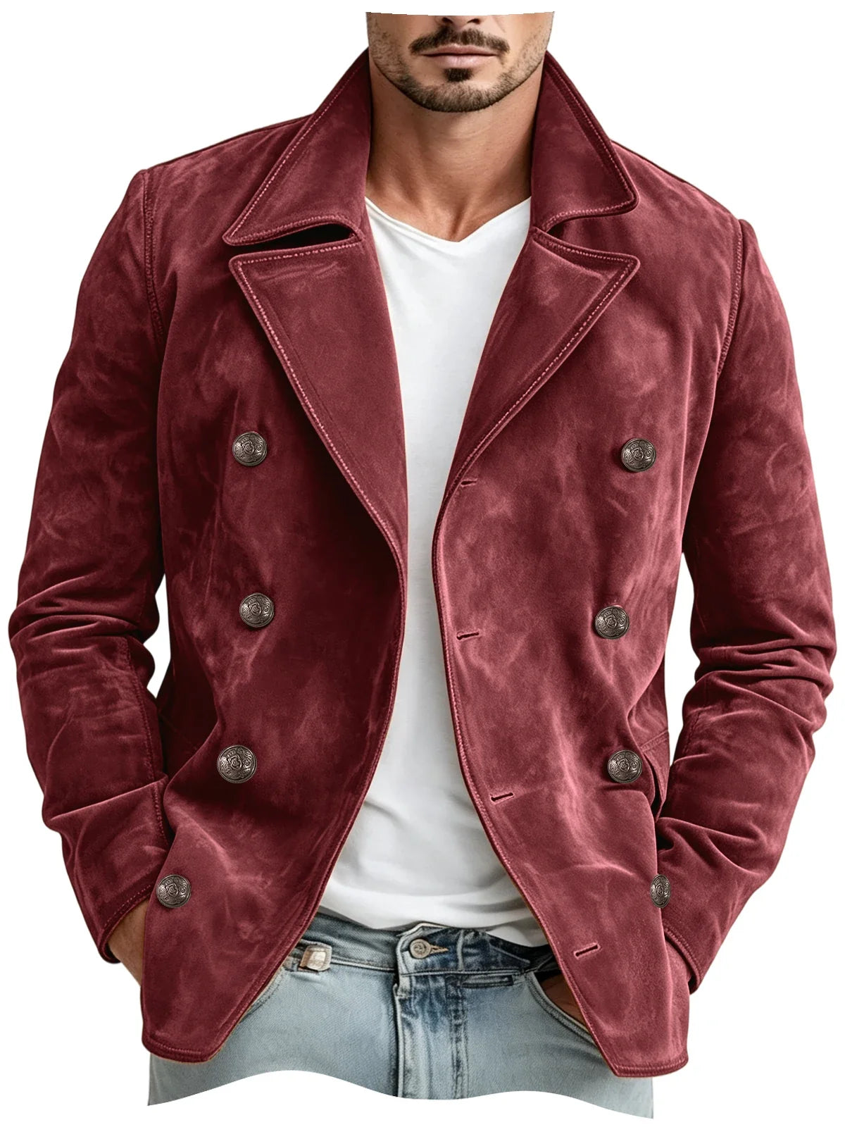 Men Faux Suede Jacket Double Breasted Lapel Collar Casual Blazer Vintage Comfort Business Office Autumn Winter Fashion Male Coat