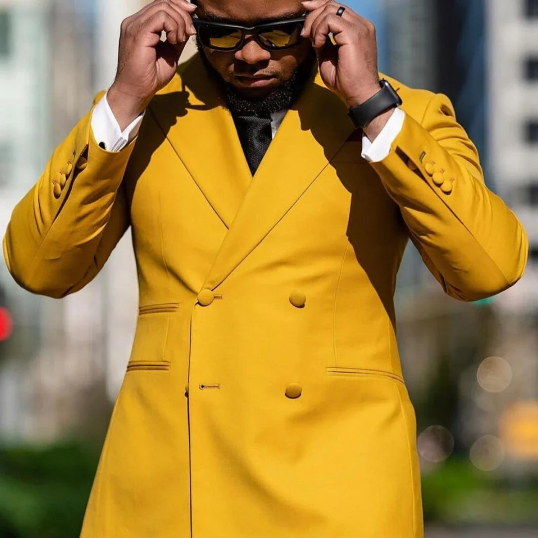 Men Suit Yellow 2 Pieces Double Breasted Solid With Lapel For Wedding Groom Banquet Party Prom Business Work Office Jacket Pants
