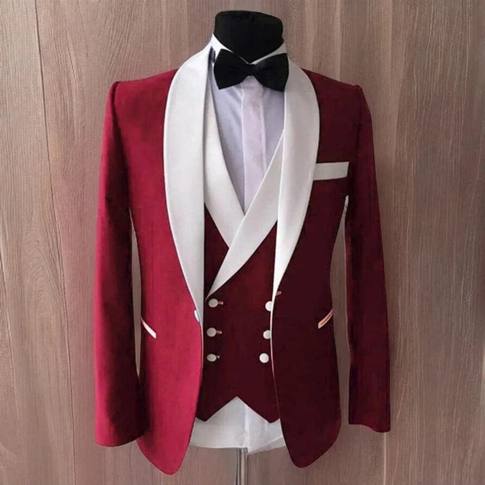 Burgundy Men's Suits Groom Wear Tuxedos for Wedding Groomsmen Best Man Formal Party Suit (Jacket+Pant+Vest)