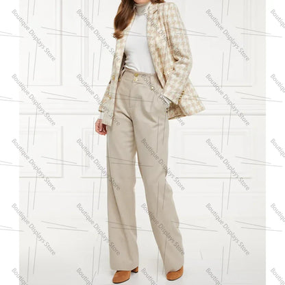 Chic Houndstooth Double Breasted Women Suit Two Pieces(Jacket+Pants) Lapel Outfits Chic Casual Party Prom Wedding Set